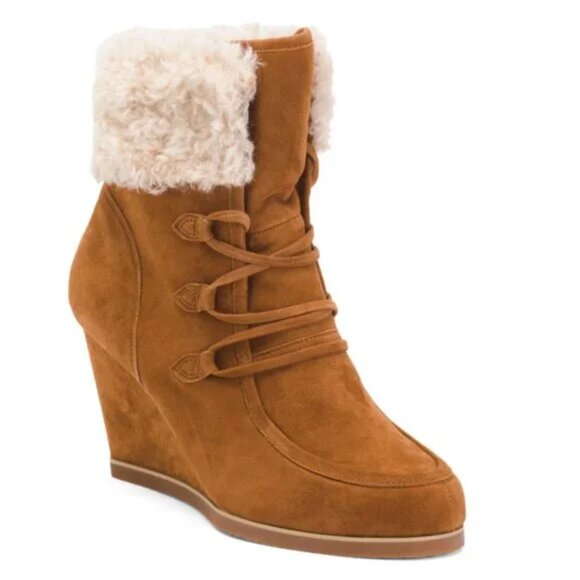 NEW CECELIA NEW YORK Suede North Star Faux Fur Wedge Boots Chestnut 667tn - Picture 1 of 5